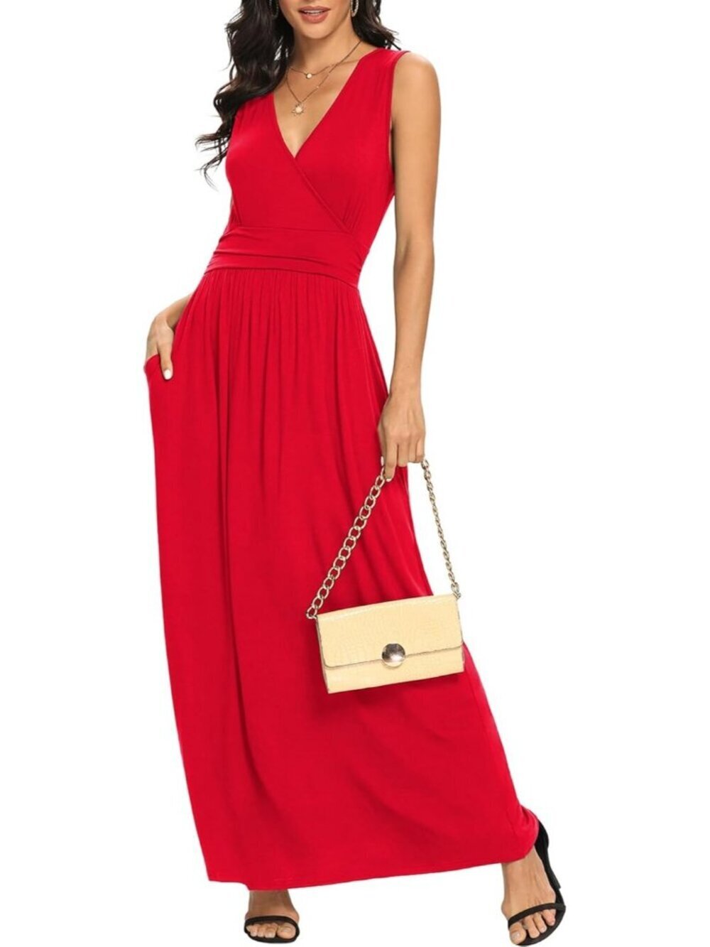 Lilbetter Women's Red Sleeveless Deep Neck Loose Plain Long Maxi Casual Dress